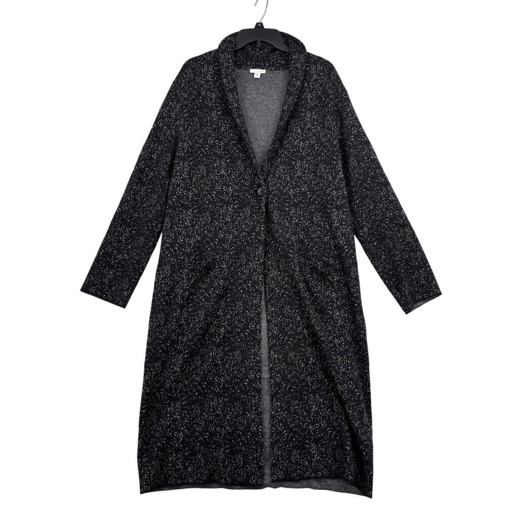 J. Jill Cardigan Sweater Size M Black White One Button Longline Duster Tunic